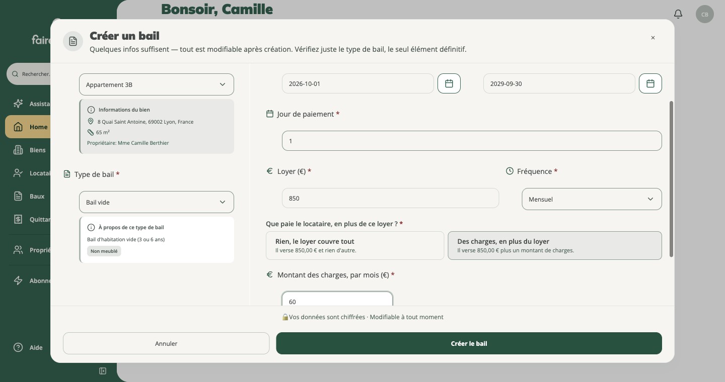 Le formulaire du bail : type, dates, loyer et charges