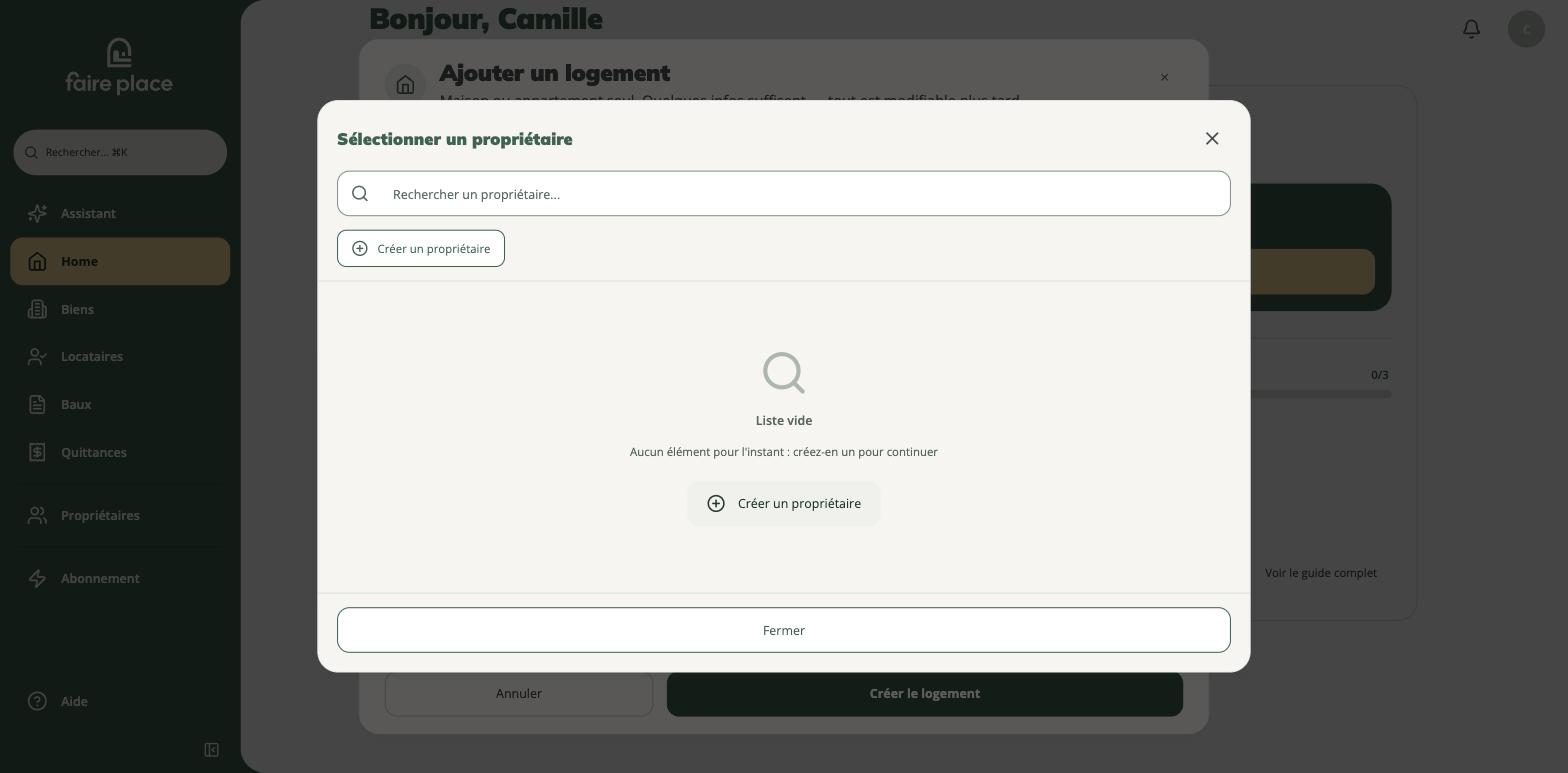 Sur un compte neuf, le propriétaire se crée depuis le formulaire du logement
