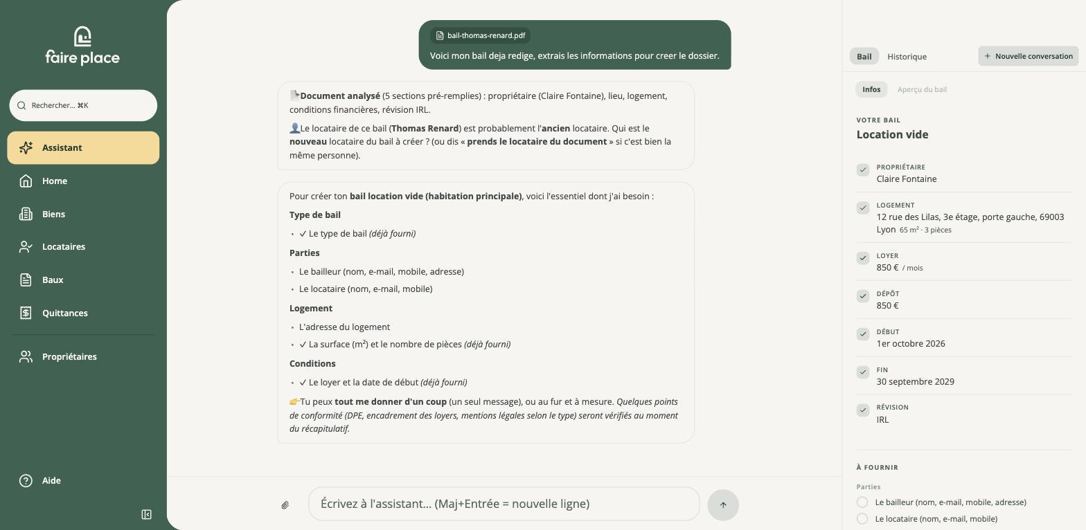 L'assistant annonce les sections pré-remplies, le panneau de droite se remplit
