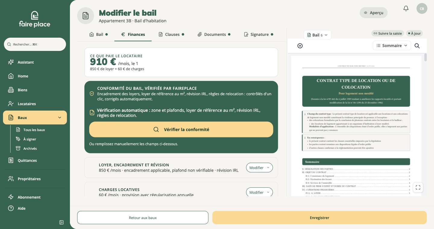 L'onglet Finances : ce que paie le locataire, la conformité, puis les sections
