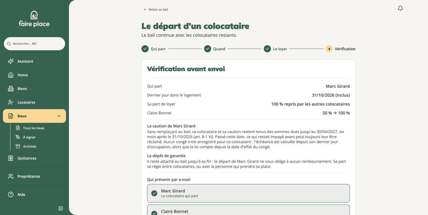 L'étape Vérification : dernier jour inclus, part reprise par la colocataire qui reste, caution, dépôt de garantie et personnes à prévenir