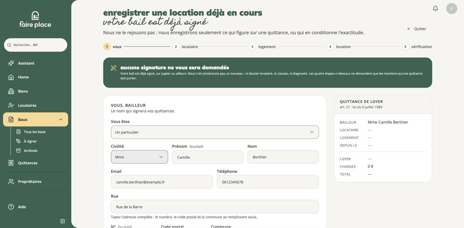 Premier écran : le bailleur, avec l'aperçu de la quittance à droite