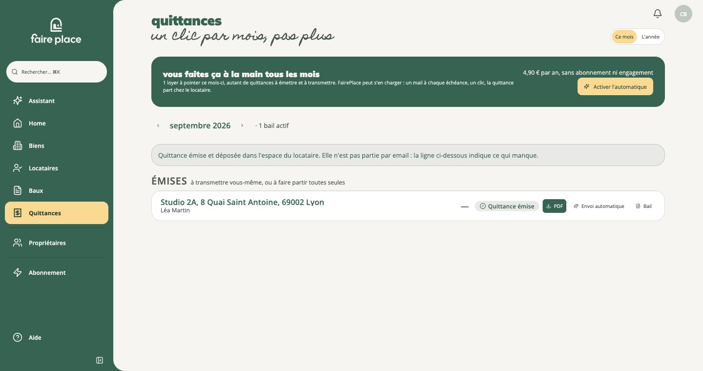La quittance émise : téléchargeable en PDF, ou à faire partir toute seule