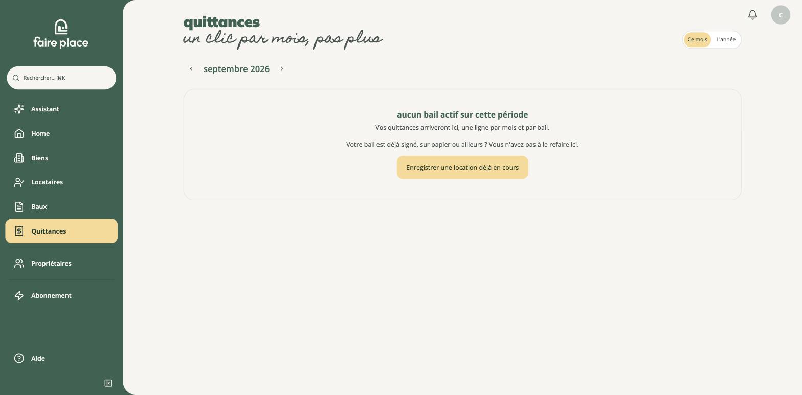 L'écran Quittances d'un compte sans bail actif