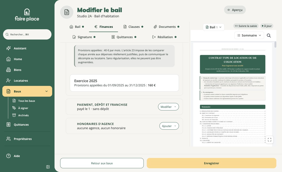 La régularisation annuelle d'un bail actif, dans l'onglet Finances