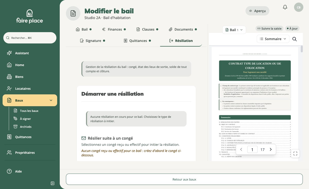 L'onglet Résiliation d'un bail actif, avant tout congé