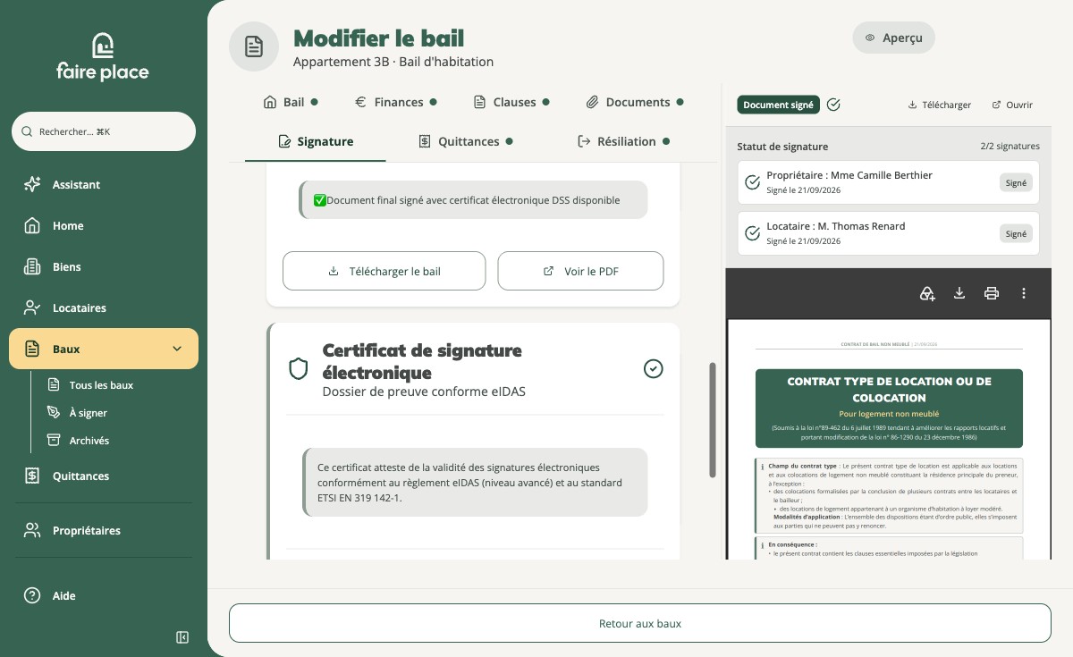 Le bail signé et son dossier de preuve, dans l'onglet Signature