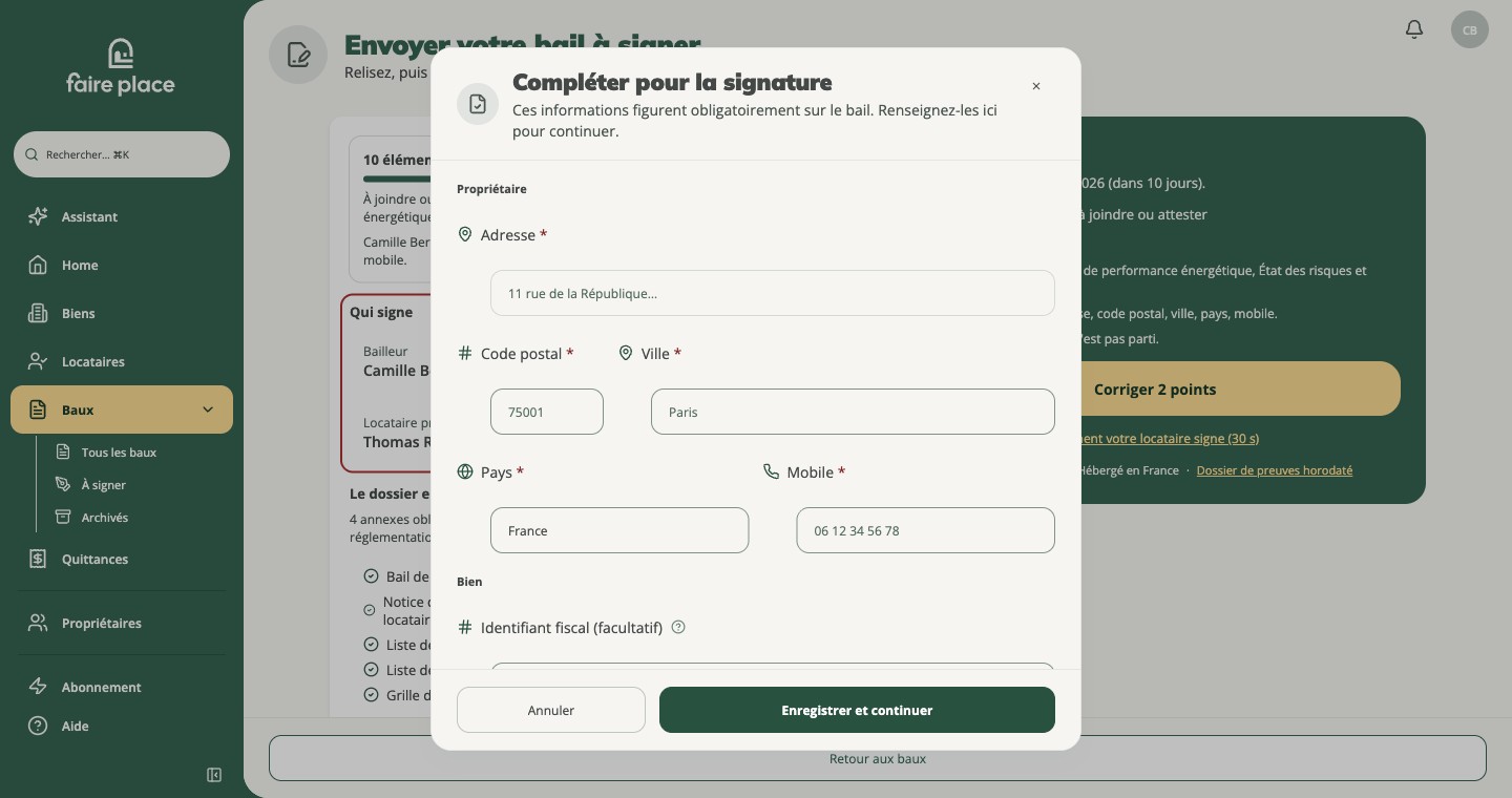 Compléter le bailleur sans quitter l'écran d'envoi