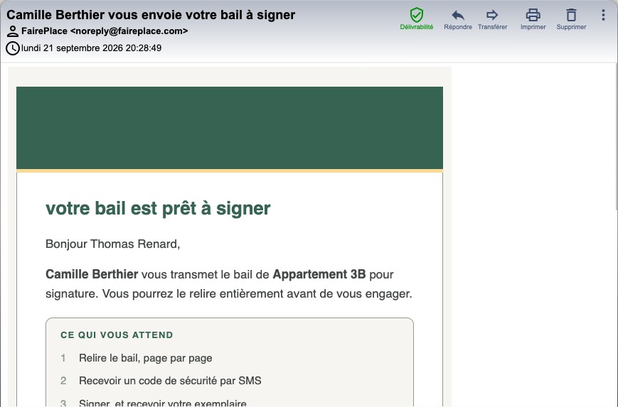 L'email de signature reçu par le locataire