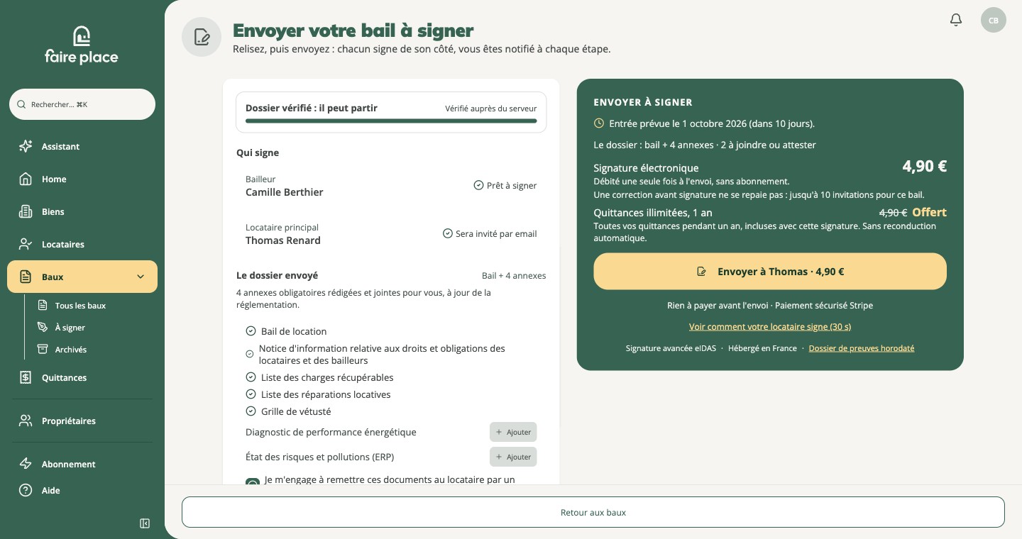 Tout est prêt : le prix, l'année de quittances offerte, le bouton d'envoi