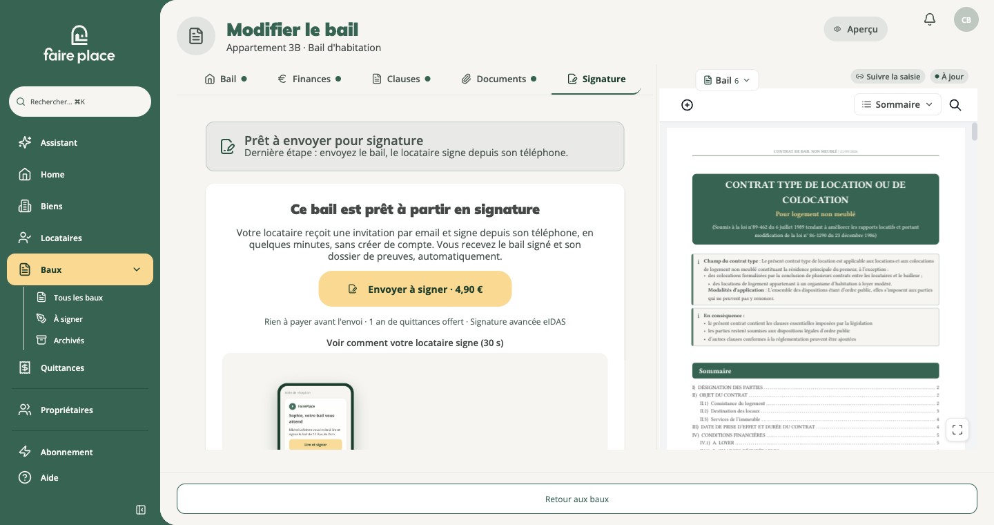 L'onglet Signature d'un bail prêt à partir